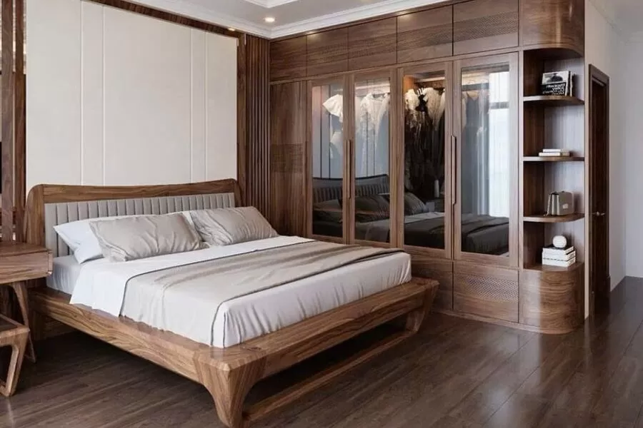 Nội thất giường gỗ tự nhiên phòng ngủ, kết hợp tủ quần áo